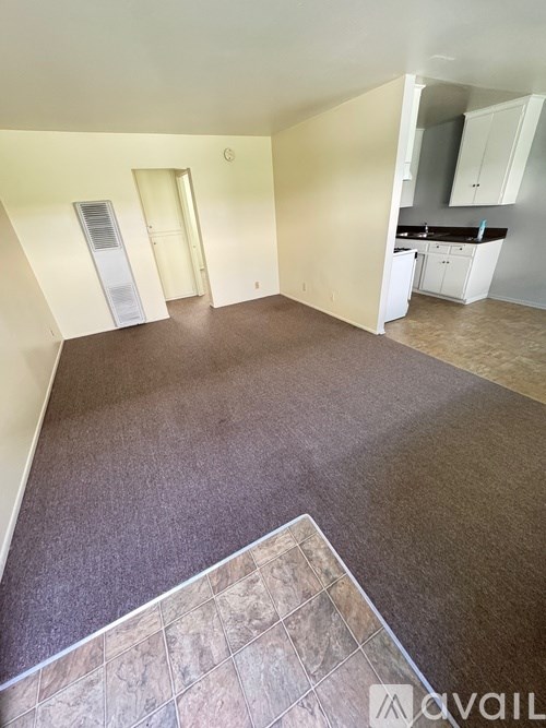 A room with brown carpet and a kitchen area in the background.