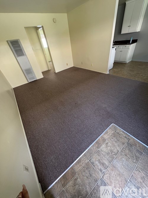 A room with a brown carpet and a tiled floor.
