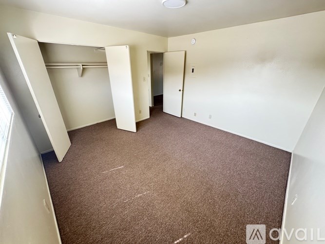 A carpeted room with a closet and a door.
