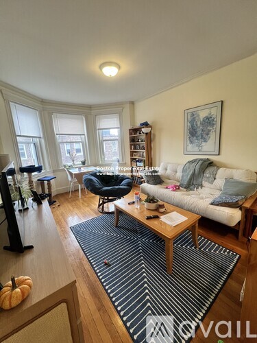 A living room with a white couch and a striped rug.