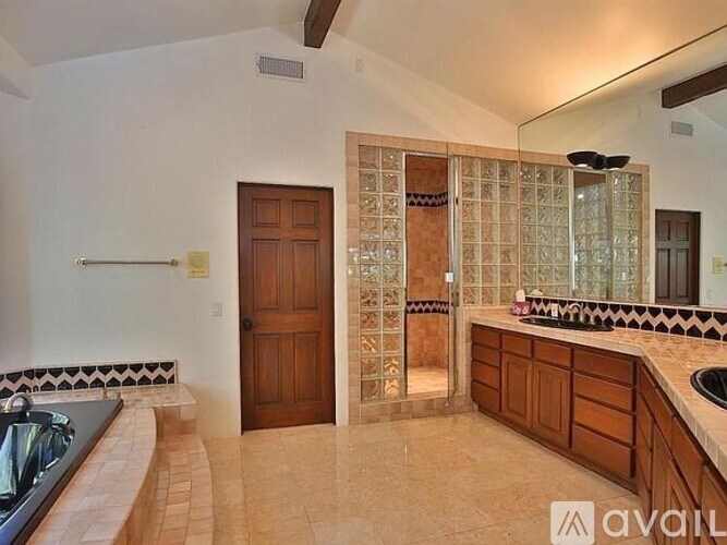 A bathroom with a glass block wall and a wooden door.