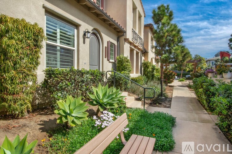 A sunny day at a residential area with a bench in the foreground.