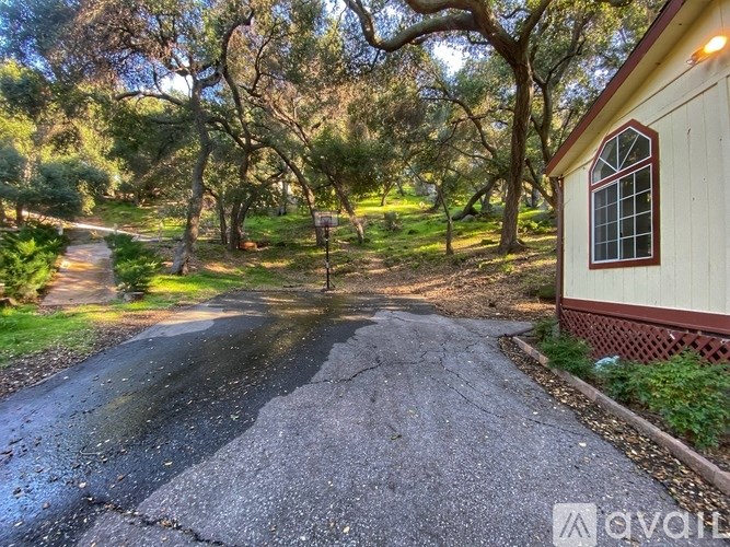 A gravel driveway leads to a small house with a red trim.