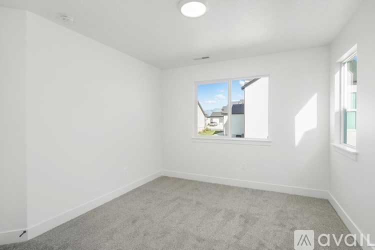 A white room with a window and a carpeted floor.