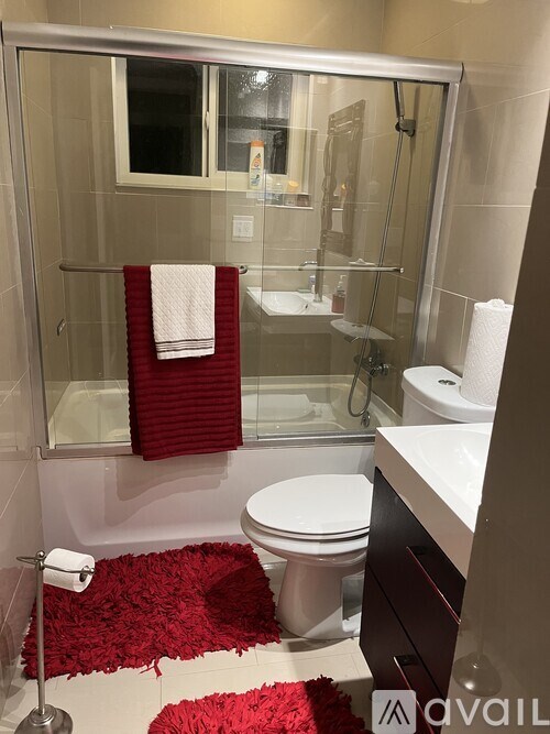 A bathroom with a toilet, sink, and red rug.