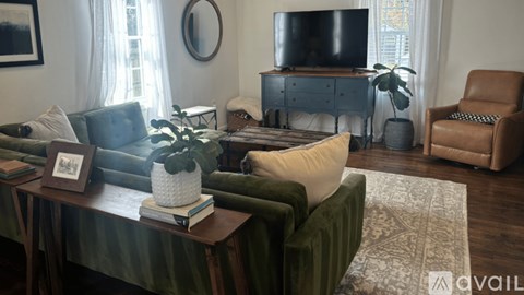 A living room with a green couch and a television.