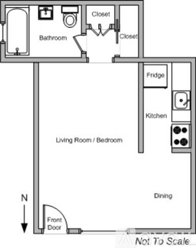 A floor plan of a small apartment with a living room, dining area, kitchen, and bathroom.