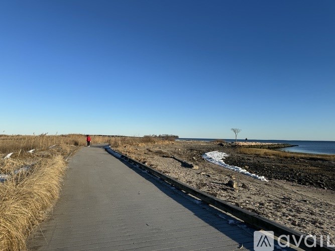 A person in a red jacket is walking on a boardwalk near the beach.