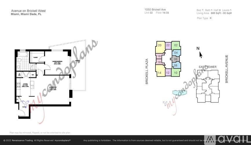 A floor plan for a condo at 1050 Brickell Ave shows the layout of the units.