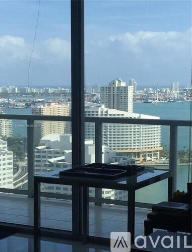 A table is in front of a window with a view of a cityscape.