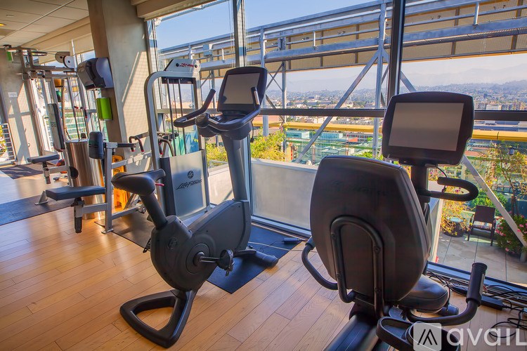 A gym with a view of the city.