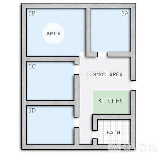A floor plan shows a kitchen and bathroom in a layout with five labeled sections.