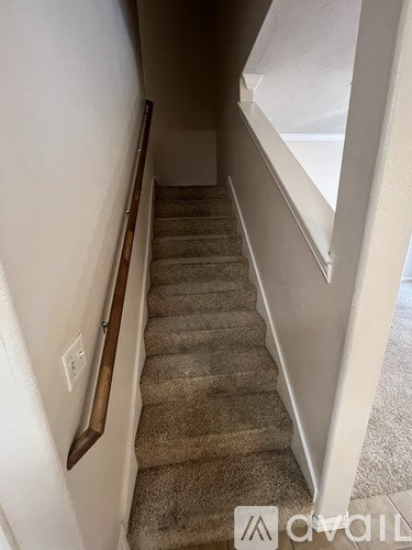 A staircase with a wooden handrail and beige carpeted steps.