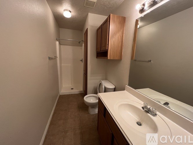 A bathroom with a toilet, sink, and mirror.