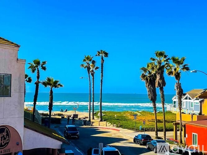 A street view of a beachfront with palm trees and the ocean in the background.