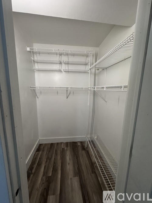 Empty walk-in closet with shelves and wood floors.