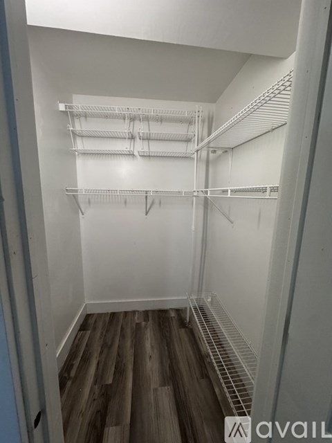 Empty walk-in closet with shelves and wood floors.