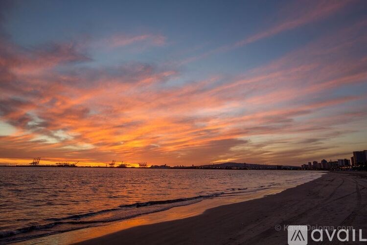 A beautiful beach scene at sunset with a ship in the distance.