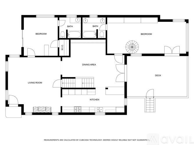 A floor plan of a house with a living room, dining area, kitchen, and three bedrooms.
