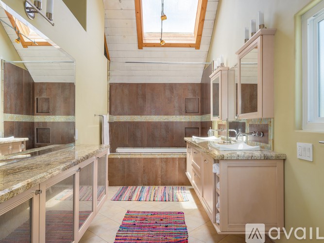 A bathroom with a skylight and a rug on the floor.