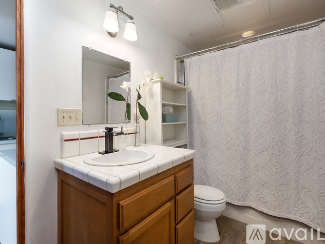 A bathroom with a sink, toilet, and shower curtain.
