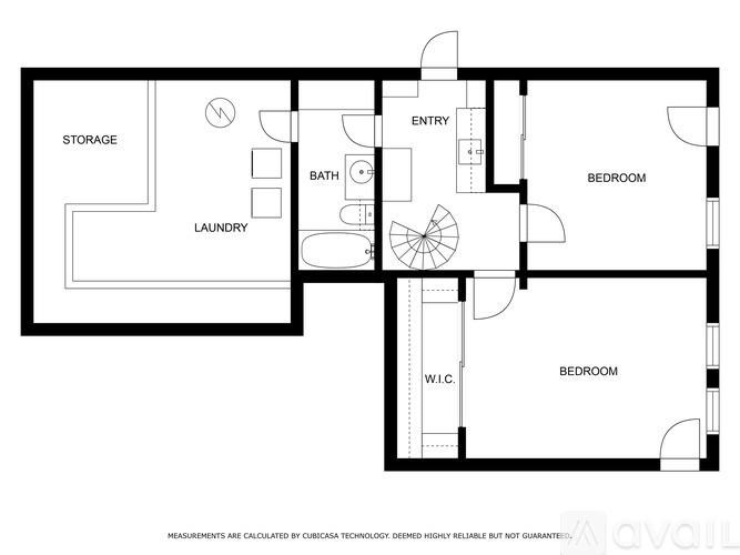 A floor plan of a house with a laundry room, storage, two bedrooms, a bathroom, and an entry.