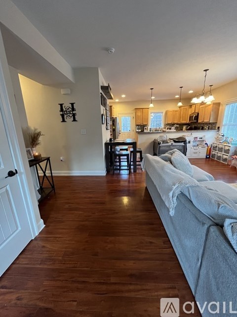 A living room with a grey couch and wooden floors.
