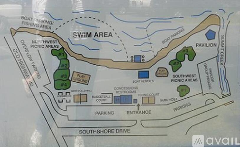 A map of a recreational area with a swimming pool, basketball court, and picnic areas.