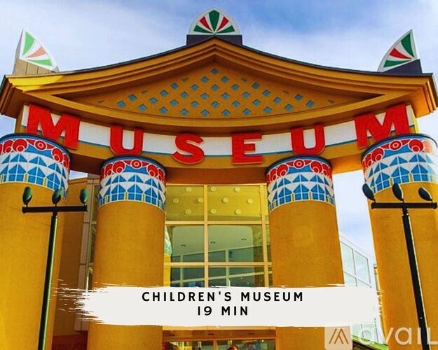 A children's museum with a yellow and blue sign.