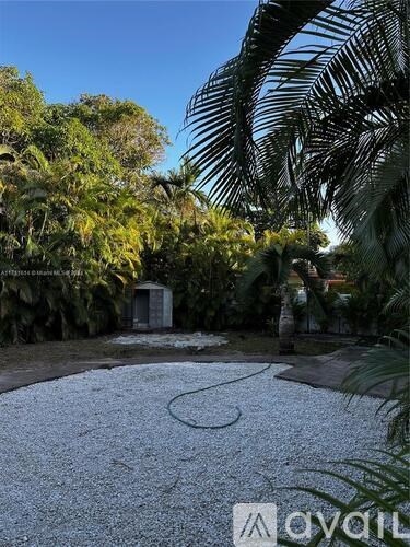 A tropical garden with a gravel path and a small building in the background.