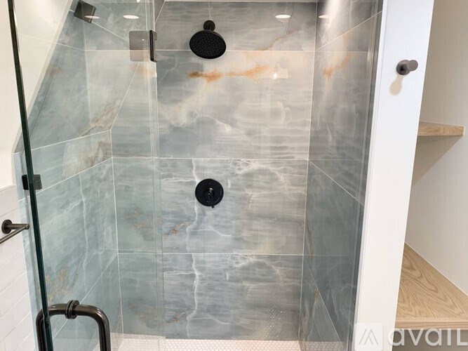 A shower with a glass door and a black drain.