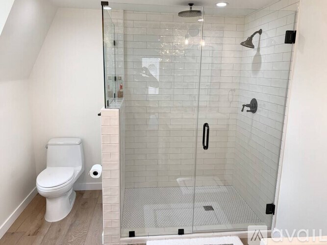 A white toilet is next to a walk-in shower.