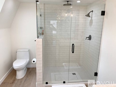 A white toilet is next to a walk-in shower.