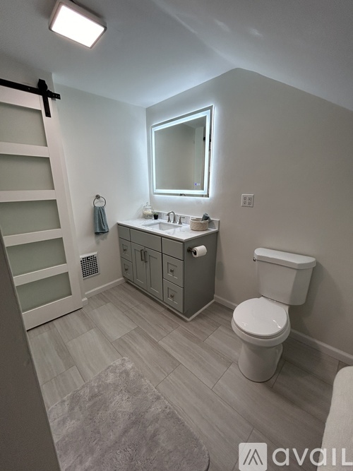 A bathroom with a toilet, sink, and mirror.