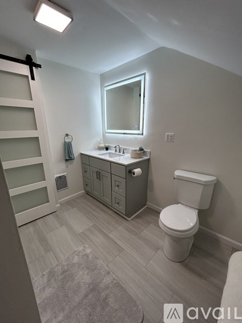 A bathroom with a toilet, sink, and mirror.
