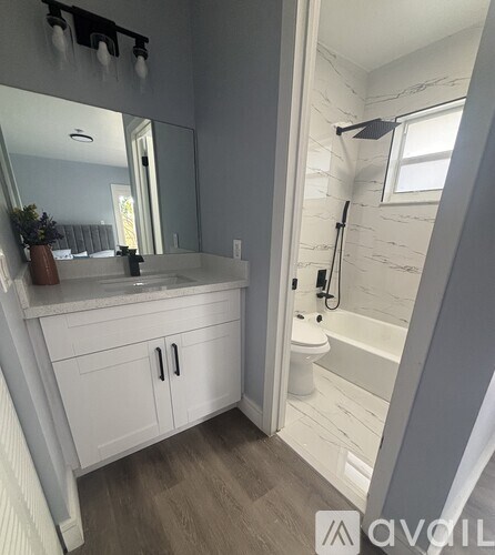 A bathroom with a white vanity and a walk-in shower.