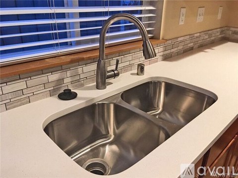 A modern kitchen sink with a chrome faucet.