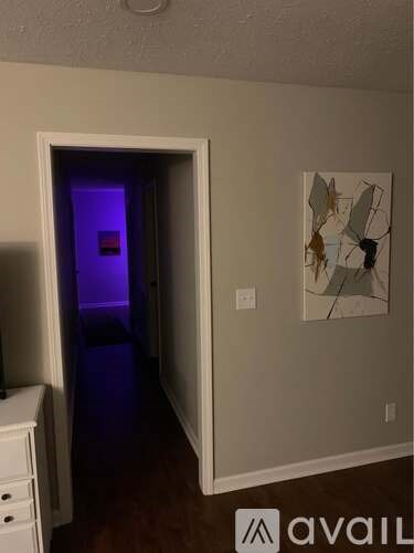 A room with a painting on the wall and a doorway leading to a dark room.