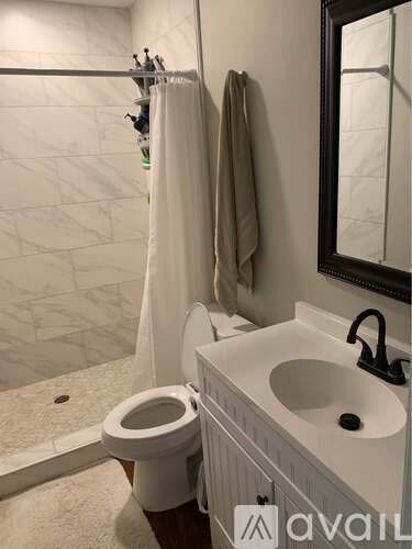 A bathroom with a toilet, sink, and a shower curtain.
