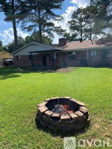 A fire pit is in the middle of a grassy yard.