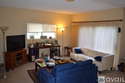 A living room with a blue chair and a white couch.