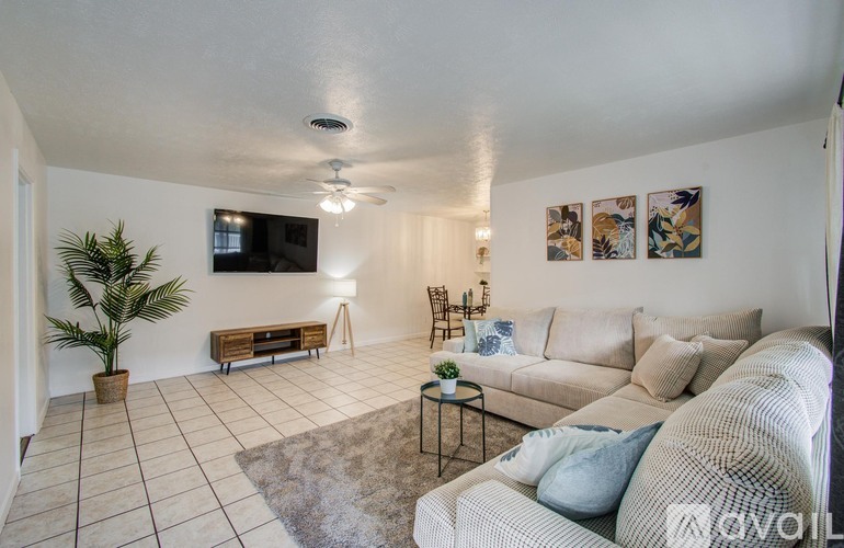 A living room with a couch, a plant, and a television.