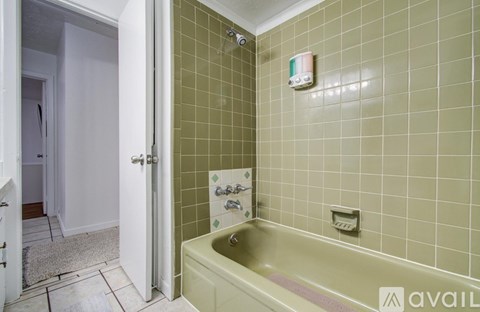 A bathroom with a green tiled shower area and a bathtub.