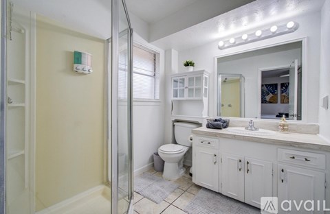 A bathroom with a toilet, sink, and mirror.