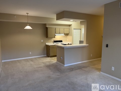 A kitchen area with a countertop and cabinets is visible.