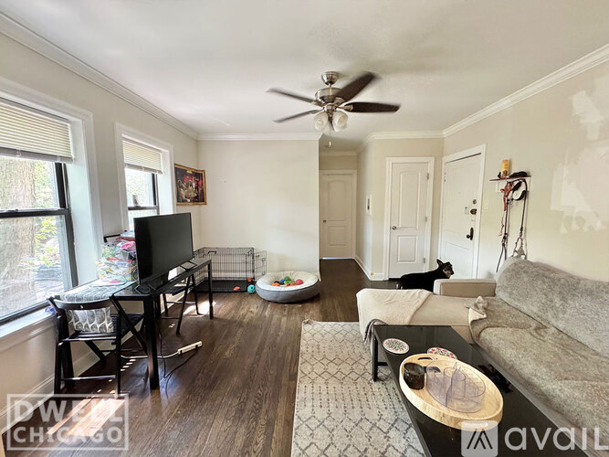 A living room with a couch, a chair, a television, and a dog bed.