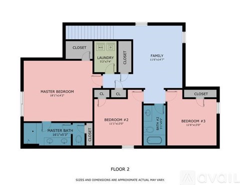 A floor plan of a house with a master bedroom, two bedrooms, a laundry room, and a family room.
