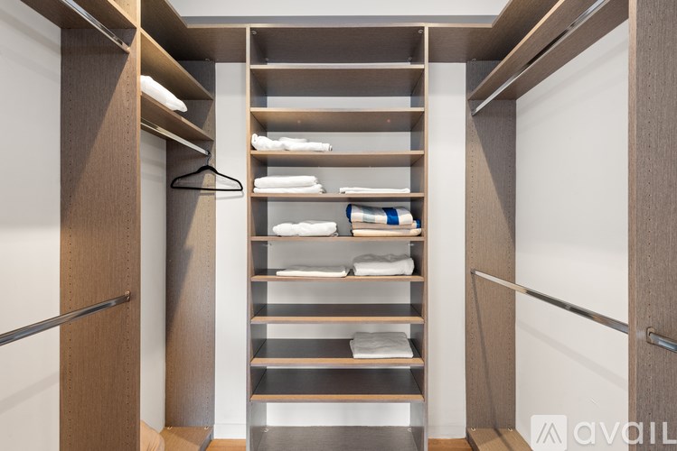 A walk-in closet with shelves and a hanger.