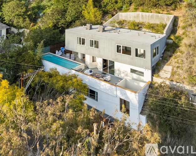 A modern house with a pool surrounded by trees.
