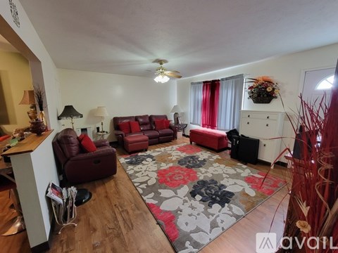 A living room with a rug and a red couch.